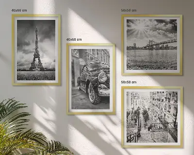 Conjunto de 4 quadros com moldura com vistas da cidade, pontes, Torre Eiffel e carro