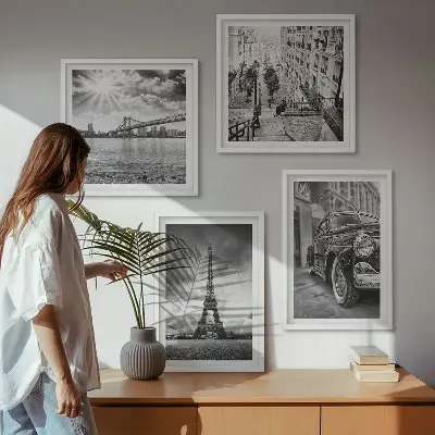 Conjunto de 4 quadros com moldura com vistas da cidade, pontes, Torre Eiffel e carro
