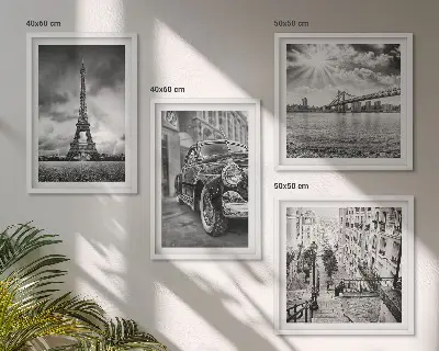 Conjunto de 4 quadros com moldura com vistas da cidade, pontes, Torre Eiffel e carro
