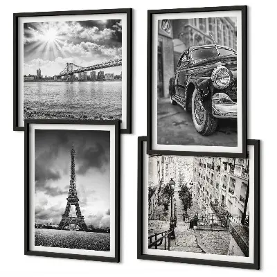 Conjunto de 4 quadros com moldura com vistas da cidade, pontes, Torre Eiffel e carro