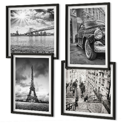 Conjunto de 4 quadros com moldura Vistas da cidade, pontes, Torre Eiffel, carro