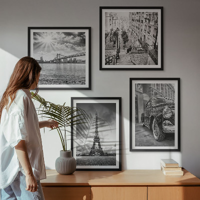 Conjunto de 4 quadros com moldura Vistas da cidade, pontes, Torre Eiffel, carro