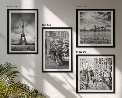 Conjunto de 4 quadros com moldura com vistas da cidade, pontes, Torre Eiffel e carro