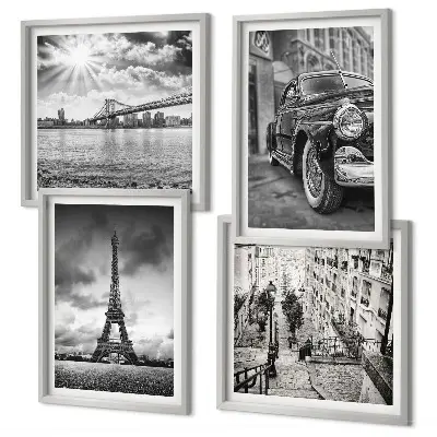 Conjunto de 4 quadros com moldura com vistas da cidade, pontes, Torre Eiffel e carro