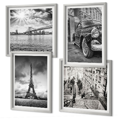 Conjunto de 4 quadros com moldura Vistas da cidade, pontes, Torre Eiffel, carro