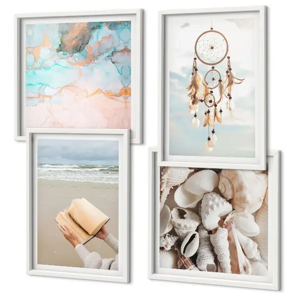 Políptico com moldura decorado com conchas do mar estilo boho