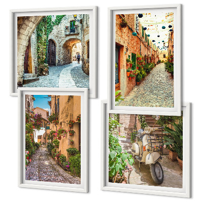 Conjunto de 4 quadros com moldura Ruas italianas encantadoras e flores
