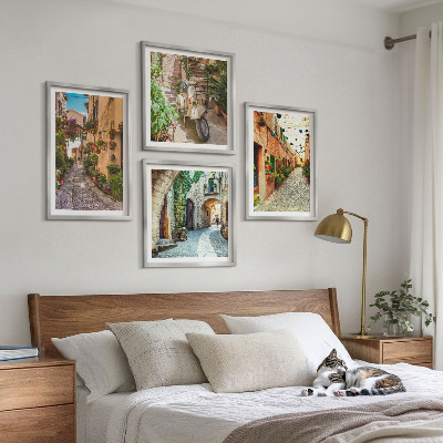Conjunto de 4 quadros com moldura Ruas italianas encantadoras e flores