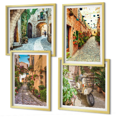 Conjunto de 4 quadros com moldura Ruas italianas encantadoras e flores