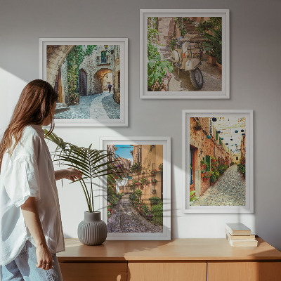 Conjunto de 4 quadros com moldura Ruas italianas encantadoras e flores