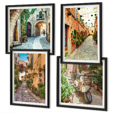Conjunto de 4 quadros com moldura Ruas italianas encantadoras e flores