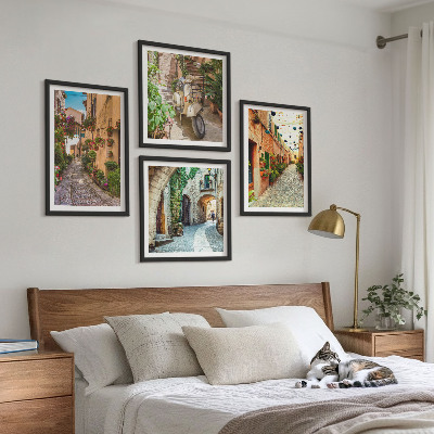 Conjunto de 4 quadros com moldura Ruas italianas encantadoras e flores