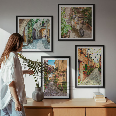 Conjunto de 4 quadros com moldura Ruas italianas encantadoras e flores