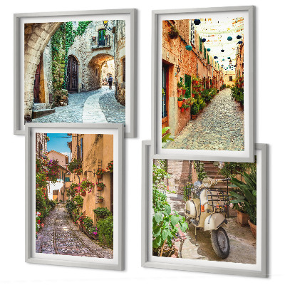 Conjunto de 4 quadros com moldura Ruas italianas encantadoras e flores