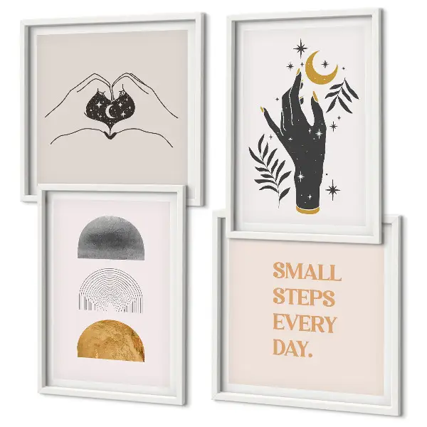 Políptico com moldura ilustrações minimalistas estilo boho