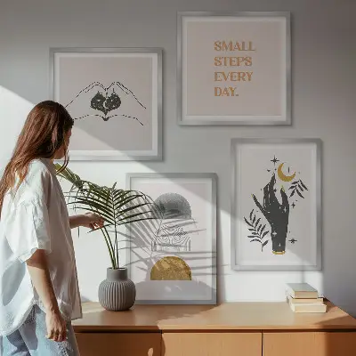 Políptico com moldura ilustrações minimalistas estilo boho