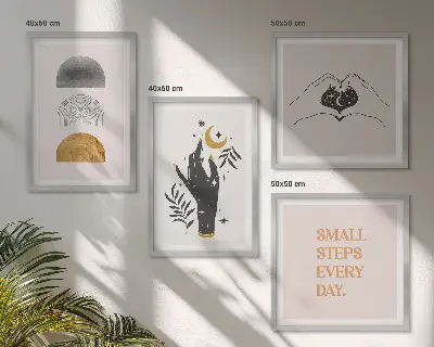 Políptico com moldura ilustrações minimalistas estilo boho