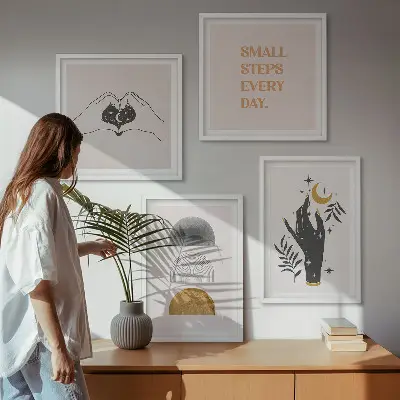 Políptico com moldura ilustrações minimalistas estilo boho