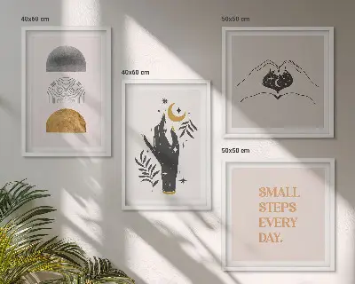 Políptico com moldura ilustrações minimalistas estilo boho
