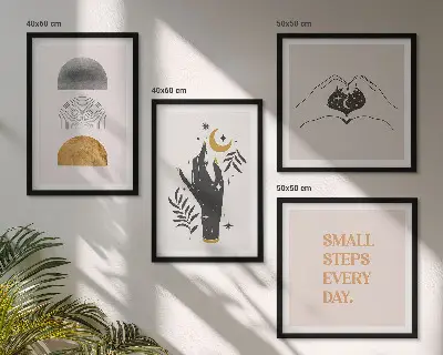 Políptico com moldura ilustrações minimalistas estilo boho