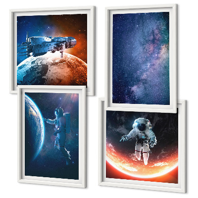 Conjunto de 4 quadros com moldura Astronautas espaciais estrelas