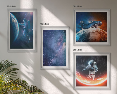 Conjunto de 4 quadros com moldura Astronautas espaciais estrelas