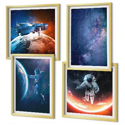 Conjunto de 4 quadros com moldura Astronautas espaciais estrelas