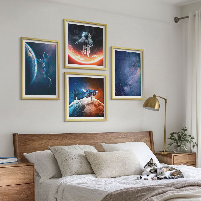 Conjunto de 4 quadros com moldura Astronautas espaciais estrelas