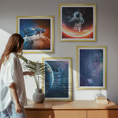 Conjunto de 4 quadros com moldura Astronautas espaciais estrelas