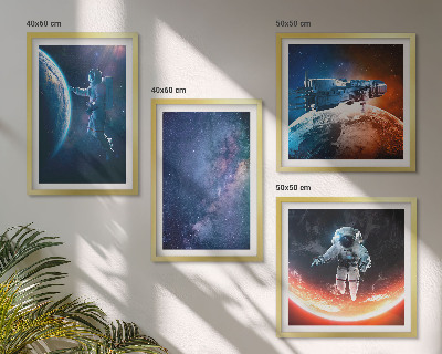 Conjunto de 4 quadros com moldura Astronautas espaciais estrelas