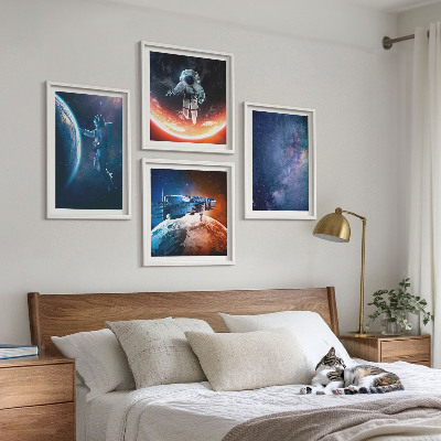 Conjunto de 4 quadros com moldura Astronautas espaciais estrelas