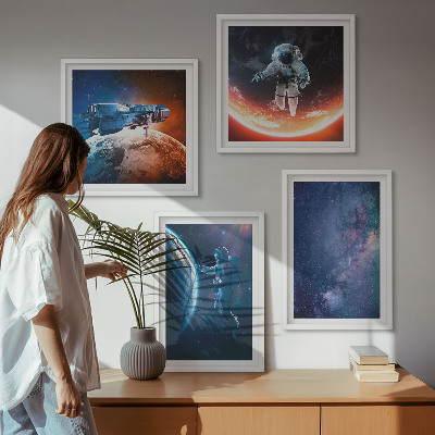 Conjunto de 4 quadros com moldura Astronautas espaciais estrelas