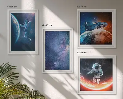 Conjunto de 4 quadros com moldura com tema de astronautas espaciais e estrelas