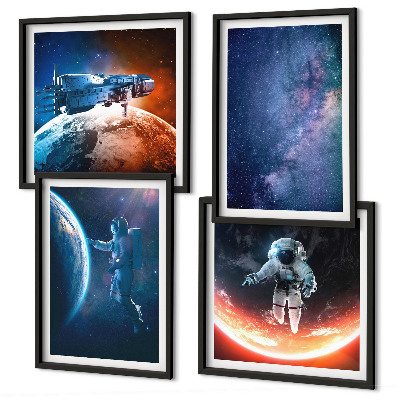 Conjunto de 4 quadros com moldura Astronautas espaciais estrelas