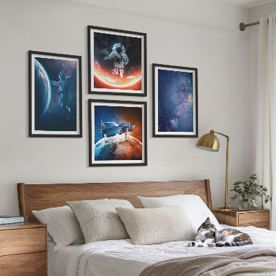 Conjunto de 4 quadros com moldura Astronautas espaciais estrelas