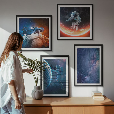 Conjunto de 4 quadros com moldura Astronautas espaciais estrelas
