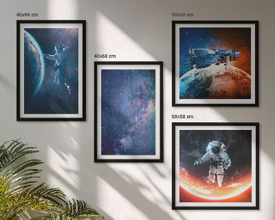 Conjunto de 4 quadros com moldura Astronautas espaciais estrelas