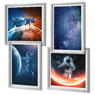Conjunto de 4 quadros com moldura Astronautas espaciais estrelas