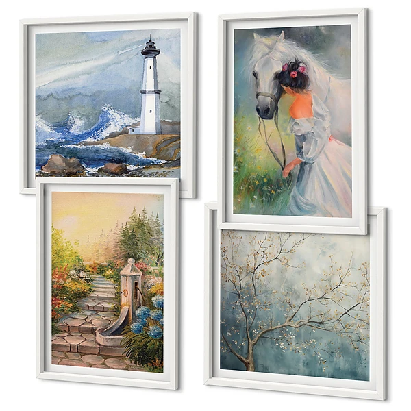 Composição de quadros paisagem com menina e cavalo