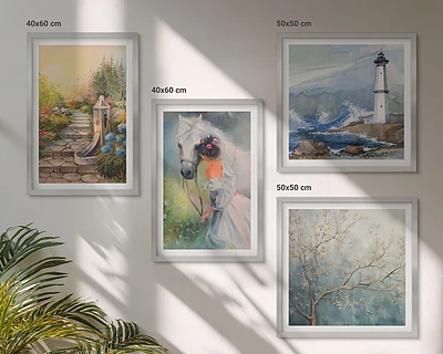 Composição de quadros paisagem com menina e cavalo
