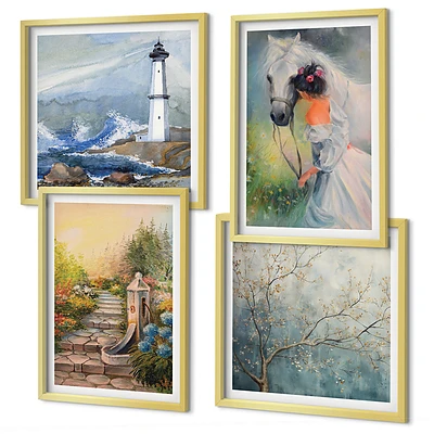 Composição de quadros paisagem com menina e cavalo