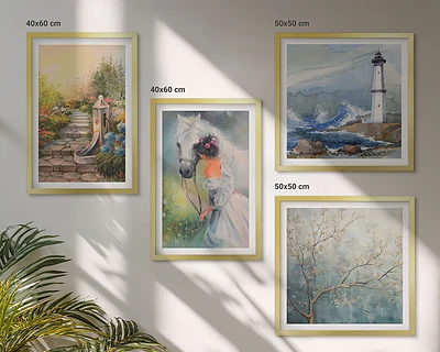 Composição de quadros paisagem com menina e cavalo