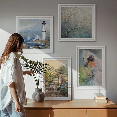 Composição de quadros paisagem com menina e cavalo