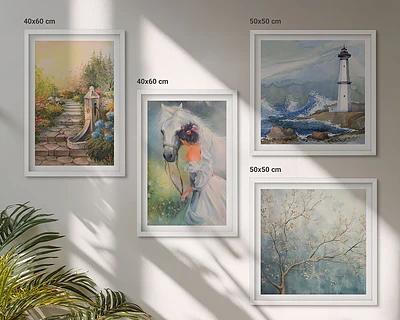 Composição de quadros paisagem com menina e cavalo