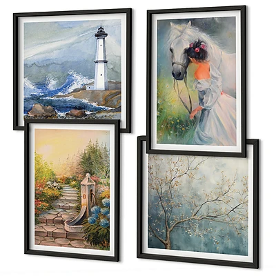 Composição de quadros paisagem com menina e cavalo