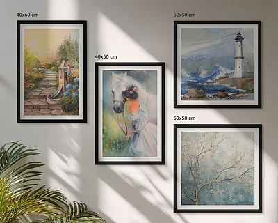 Composição de quadros paisagem com menina e cavalo