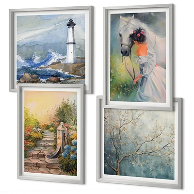 Composição de quadros paisagem com menina e cavalo