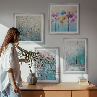 Conjunto de 4 quadros com moldura Padrões de fundo com flores em tons pastel