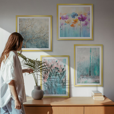 Conjunto de 4 quadros com moldura Padrões de fundo com flores em tons pastel
