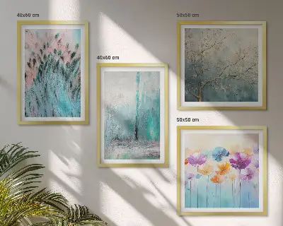 Conjunto de 4 quadros com moldura com padrões de fundo de flores em tons pastel